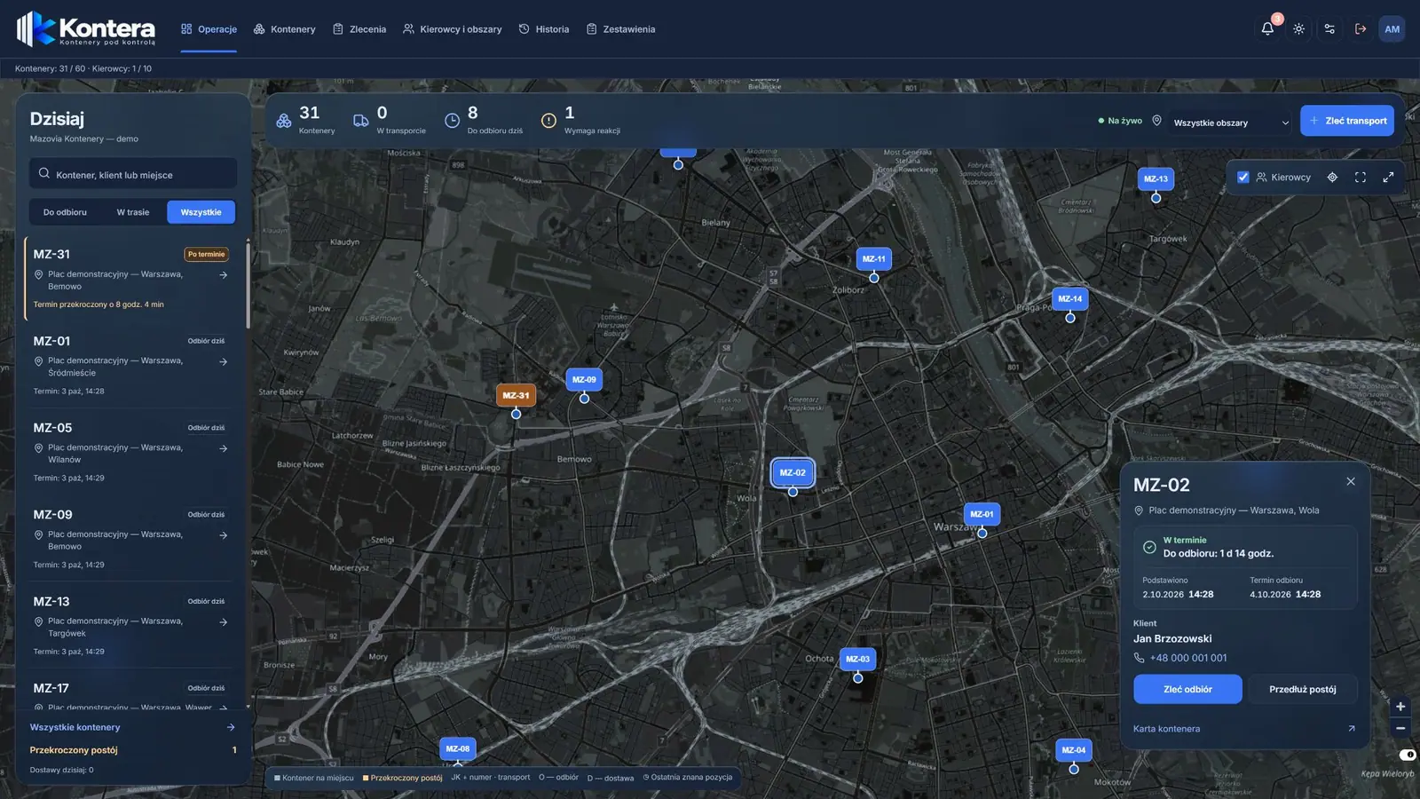 Centrum operacji Kontery: mapa kontenerów, status zleceń i alert długiego postoju