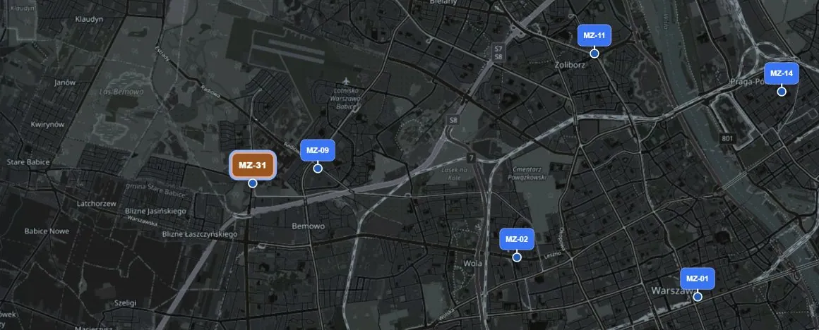 Mapa operacyjna Kontery: kontenery MZ-31, MZ-09, MZ-02 i MZ-01 w Warszawie, MZ-31 wyróżniony po terminie