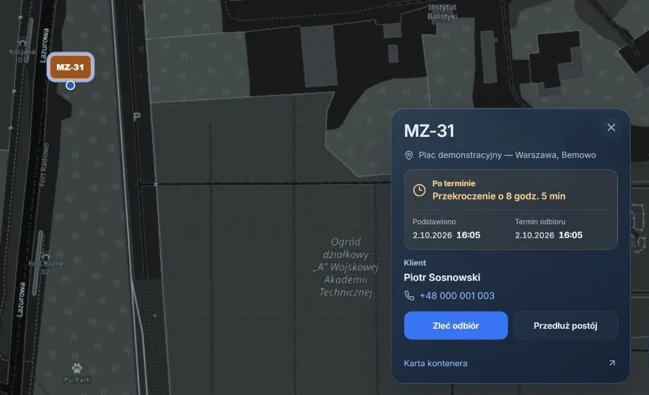 Kontener MZ-31 po terminie na mapie i karta ostrzeżenia: przekroczenie o 8 godzin, klient i przyciski Zleć odbiór oraz Przedłuż postój